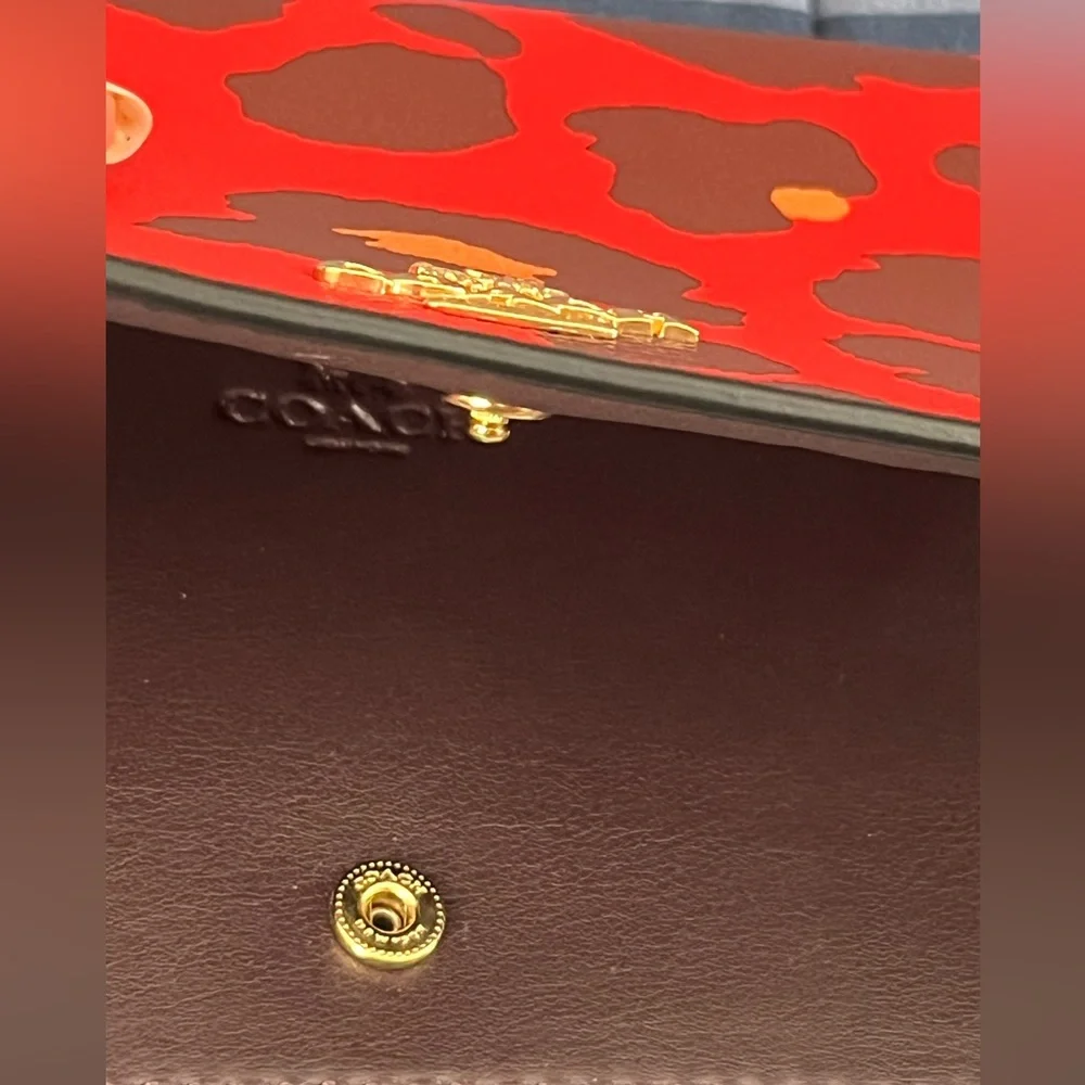 NWOT Coach Anna Foldover Crossbody Clutch With Leopard Print Gold/Bright Poppy